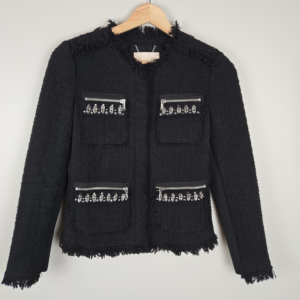 Rebecca Taylor‎ Blazer Size 0 Black Tweed Fringed Embellished Pocket Full Zip